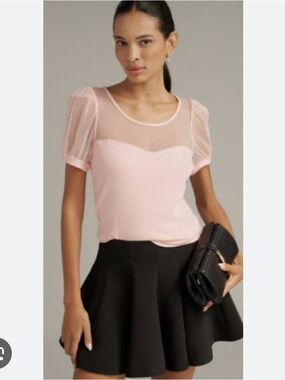 BNWT Maeve Anthropologie Pink Mesh Sheer Yoke Puffed Short Sleeve Sweetheart Top
